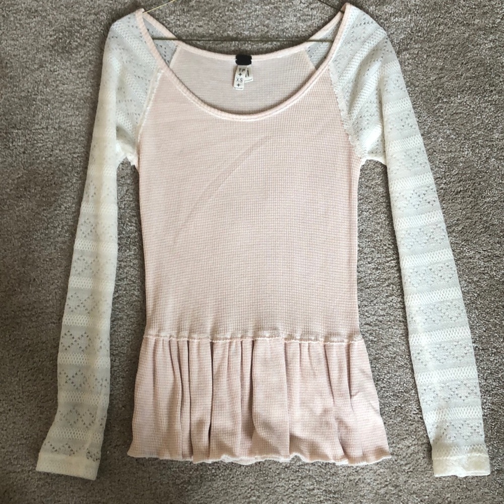 Free People Pink & White Henley with Peplum